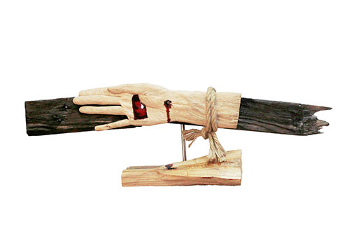The sculptor Artem Medvedev. Modern sculpture. Wooden sculpture. The history of the uncompromisingness. Conflict. 2012, 42 x 80 x 30 cm, wood glass metal
